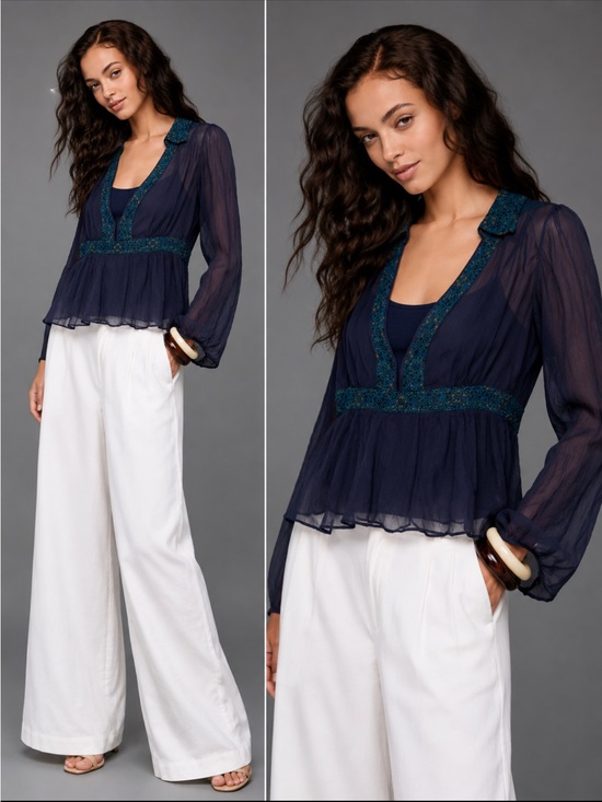 Anthropologie Tops - Anthropologie Sheer Lace Blouse – Navy Blue